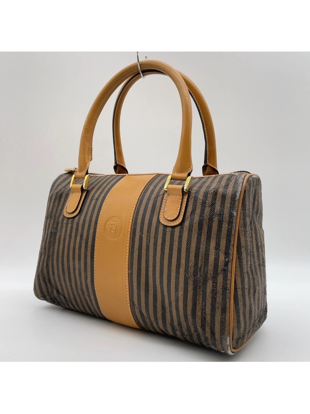 Vintage Fendi Pequin Stripe Boston Bag Coated Canvas Satchel👝